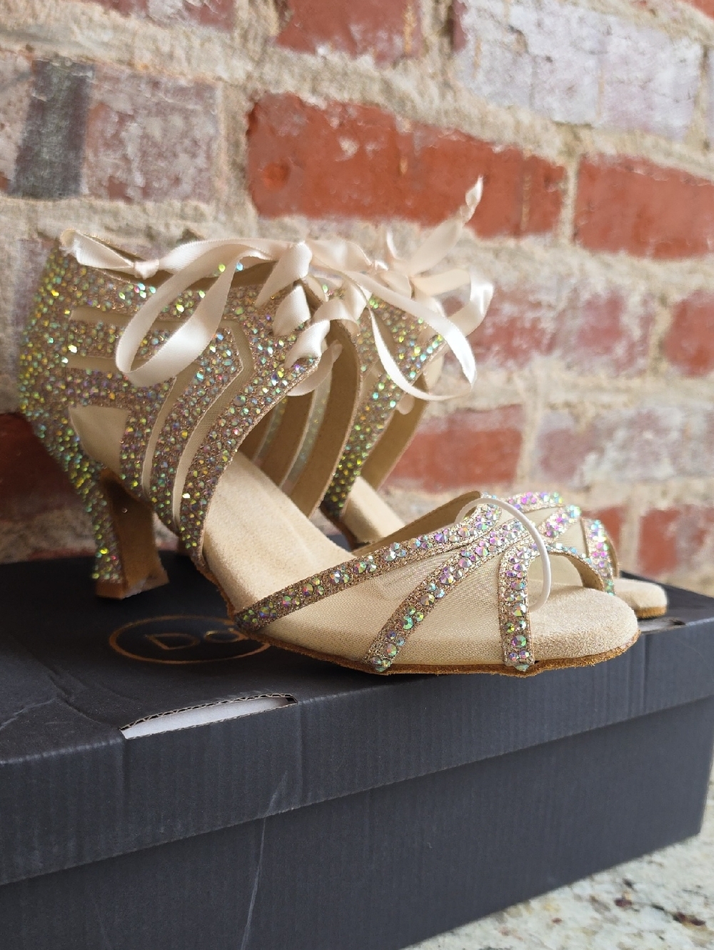 Iridescent Champagne Crystal Dance Heels with Ribbon Tie
